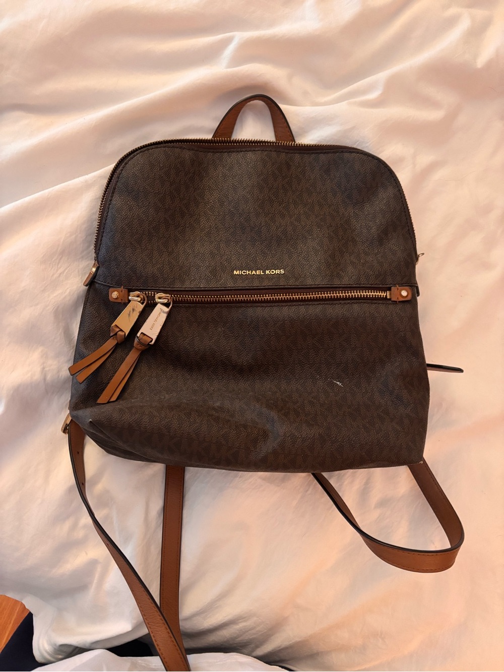 Michael Kors Brown Logo-Print Backpack with Tan Trim
